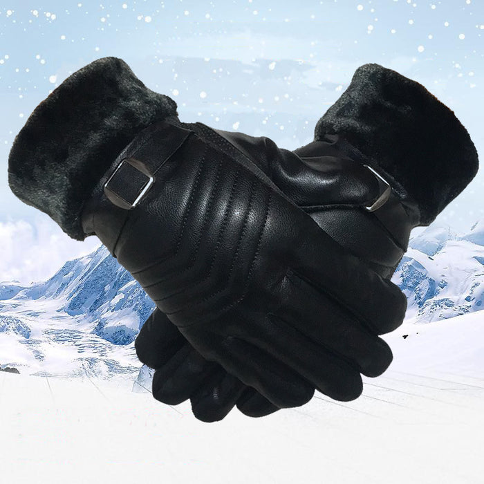 Heat Hollow Faux Leather Winter Gloves with Plush Lining
