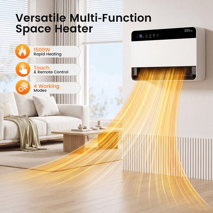 White wall-mounted electric heater with remote