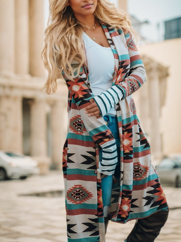 Woman in long colour block open cardigan