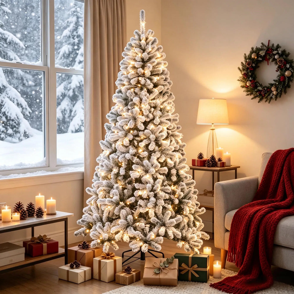 Flocked Northern pine with warm lights