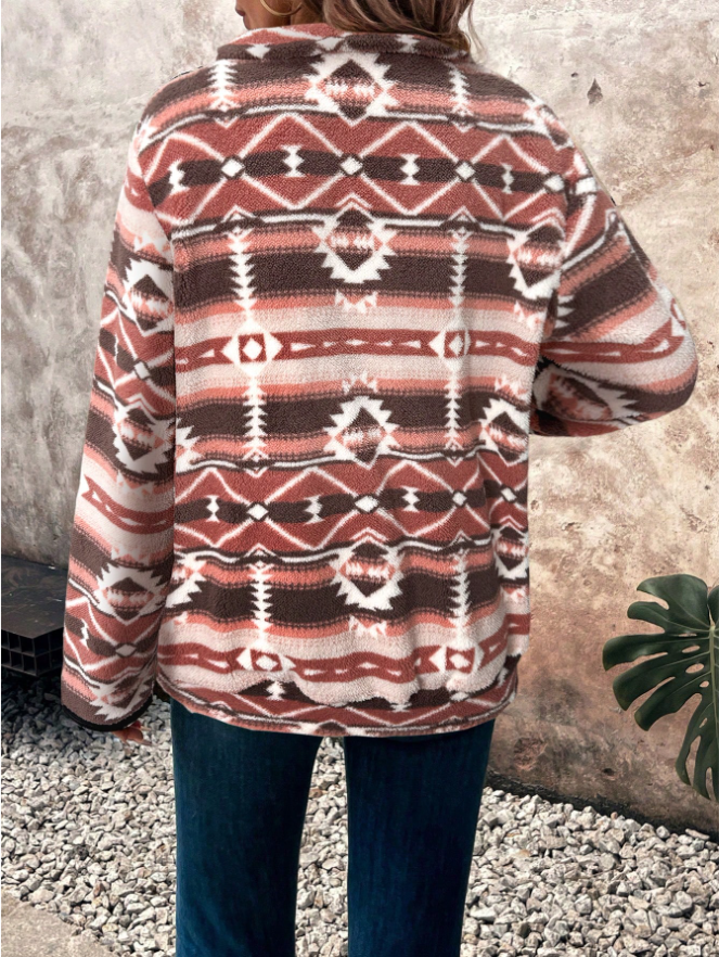 Cream half zip fleece with geometric print