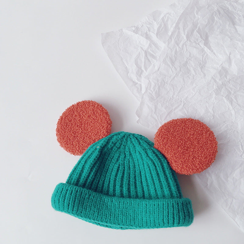 Kids pink ribbed beanie with teddy ears