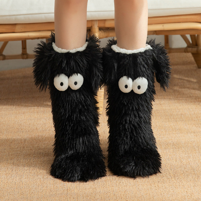Fluffy snow socks with cartoon eyes