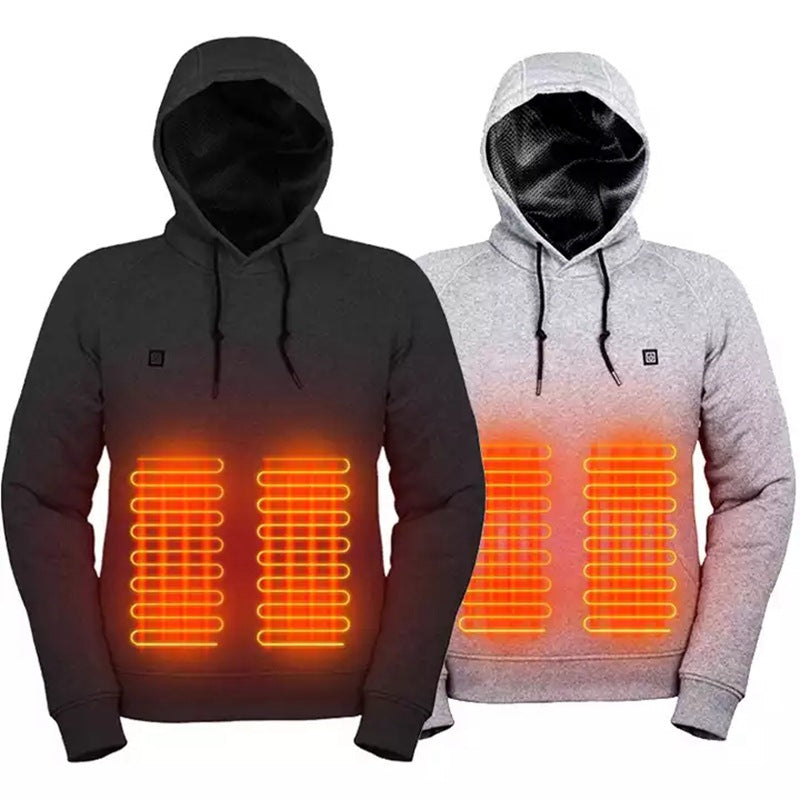 Man in a black heated pullover hoodie