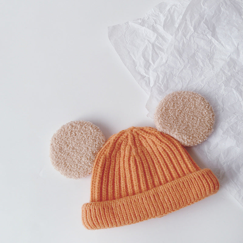 Kids pink ribbed beanie with teddy ears