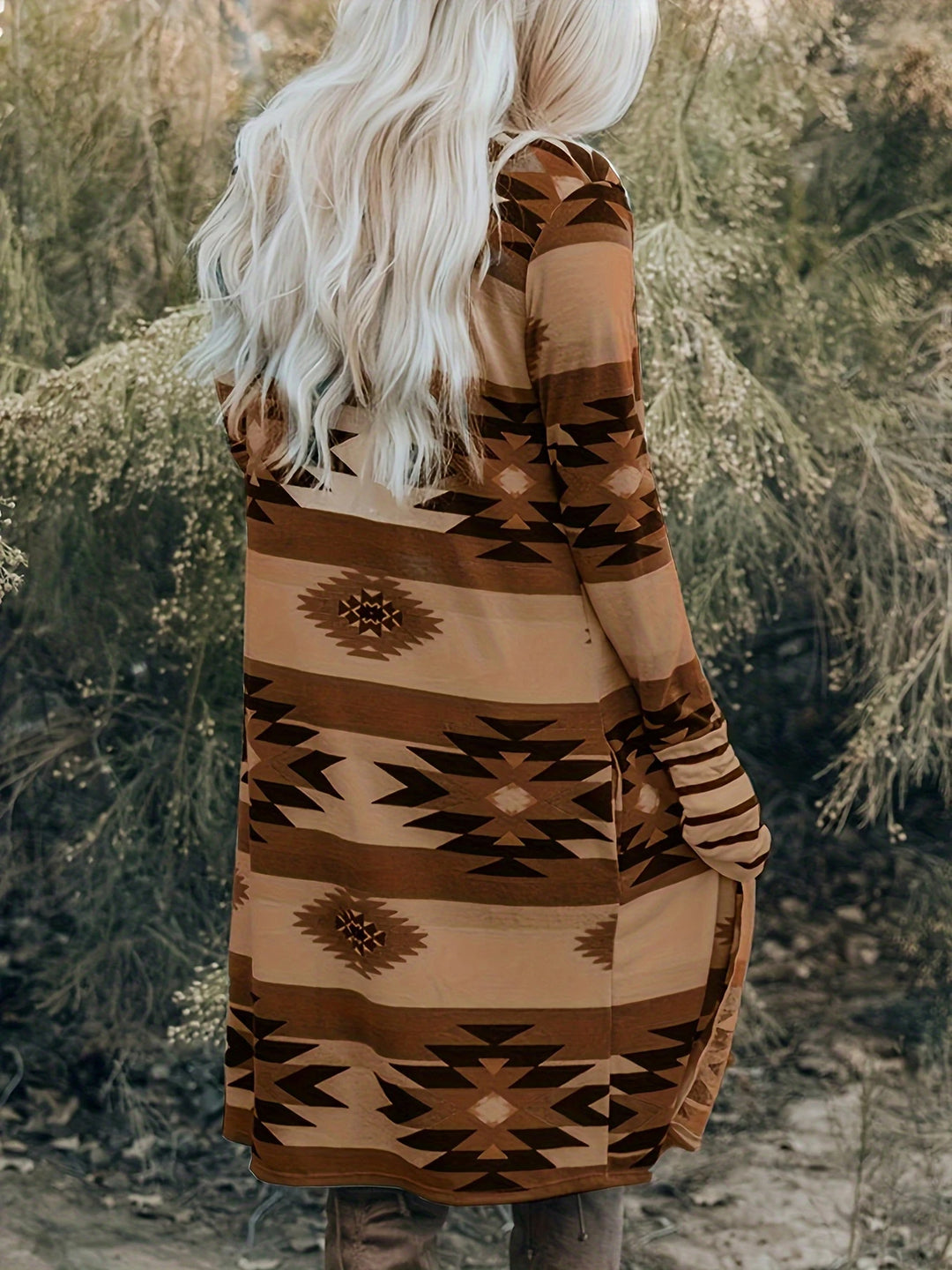 Woman in long colour block open cardigan