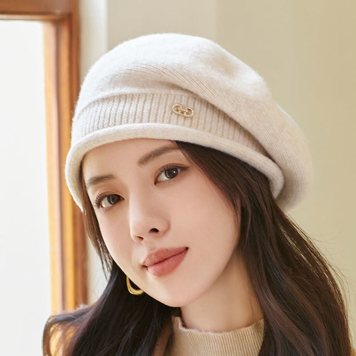 Heat Hollow Knitted Beret Hat with Folded Brim and Ring
