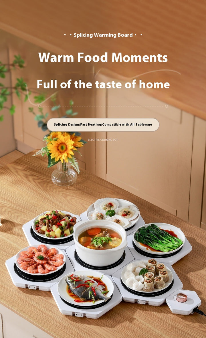 White hexagonal warming plates with dishes on top