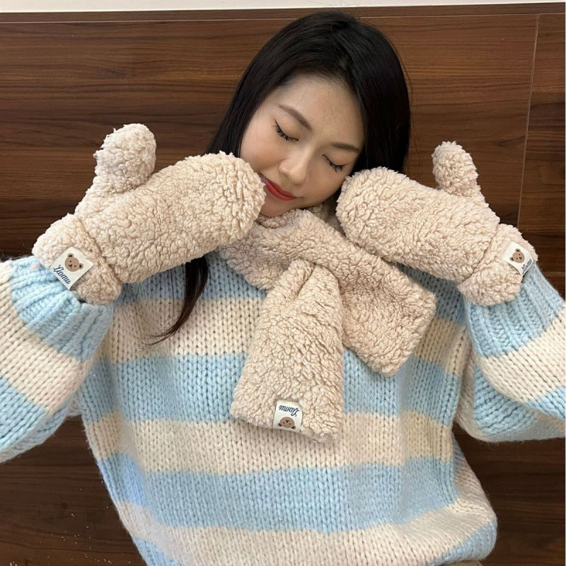 Beige teddy mittens and scarf set