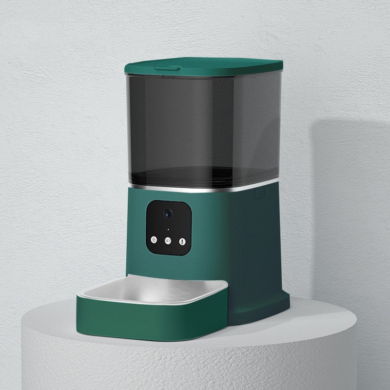 White automatic pet feeder with steel bowl