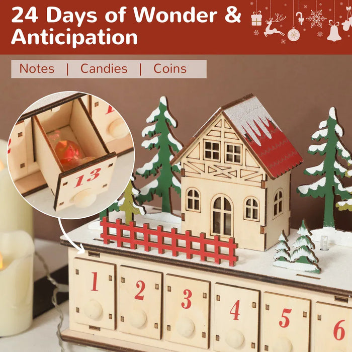 Heat Hollow Long Wooden Christmas Village Advent Calendar with Lights