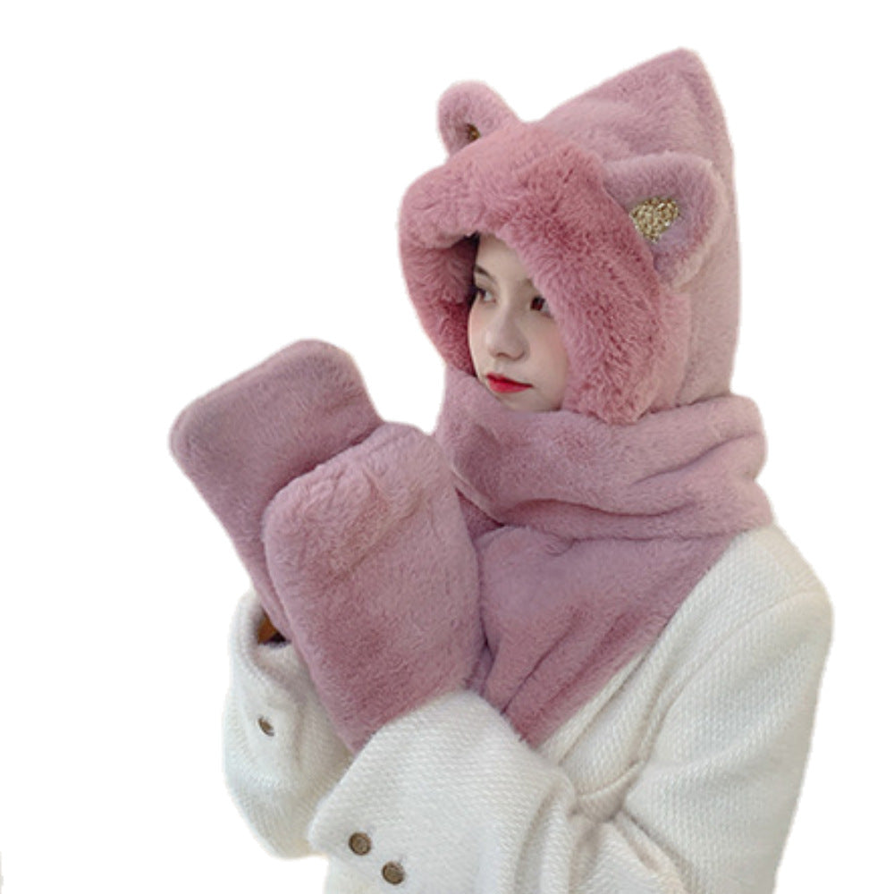 Woman wearing white plush hood with ears