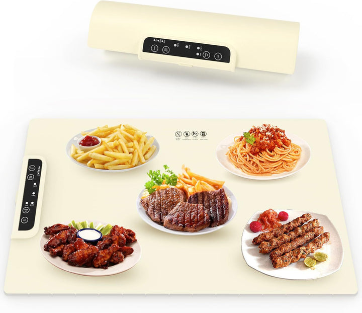 Roll-up food warming mat with dishes on top