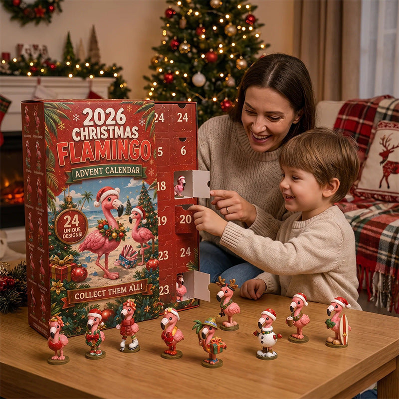 Flamingo advent calendar with festive figures