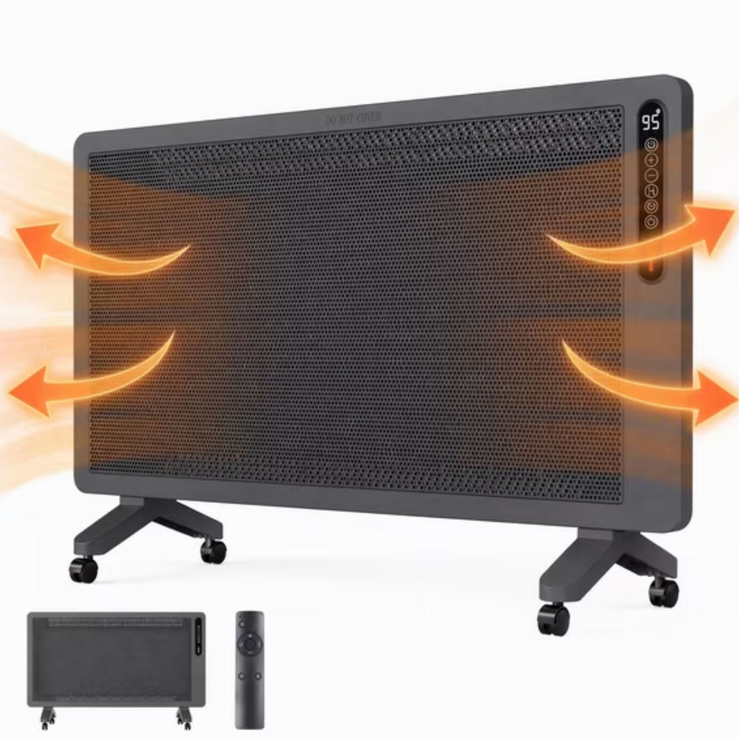 slim white panel heater on castors with remote