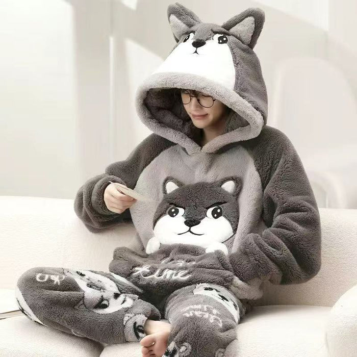 Heat Hollow Hooded Coral Fleece Pyjama Set with Animal Ears
