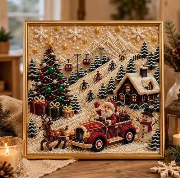Christmas diamond painting on wooden frame
