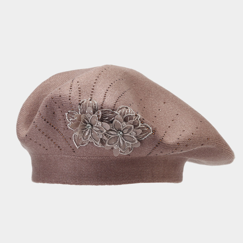 Red knit beret with flower and rhinestones