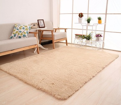 Fluffy beige shaggy rug in living room