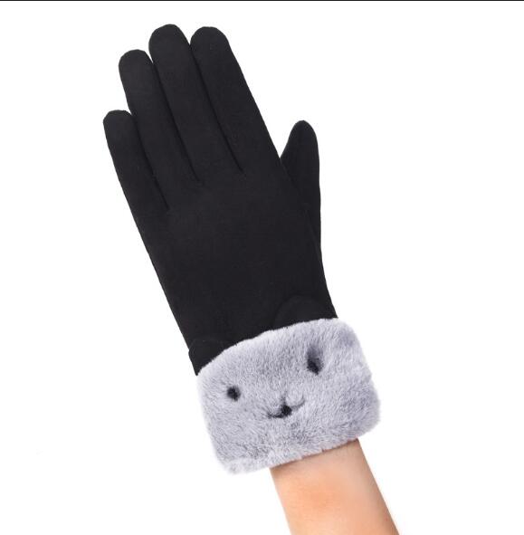 Heat Hollow Suede Look Gloves with Plush Cuff and Bear Face
