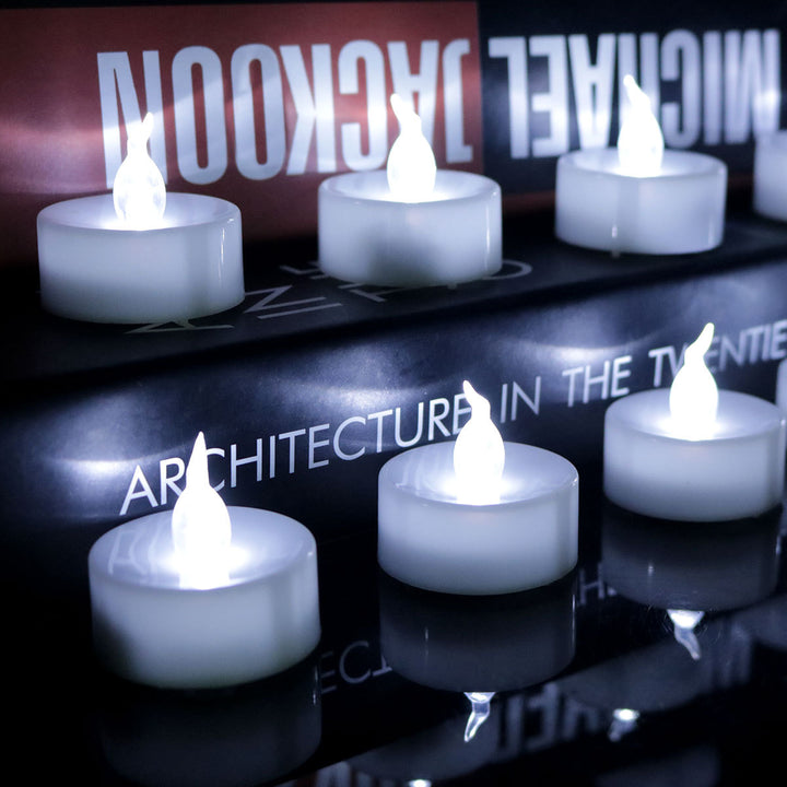 12 flickering LED tea lights, flameless and battery operated