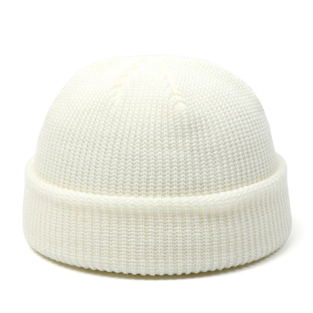 Short ribbed docker beanie with turn-up cuff