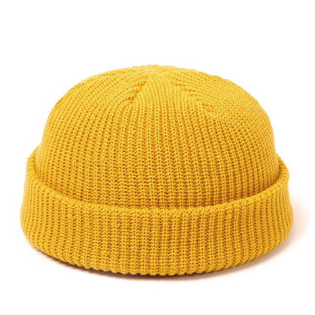 Short ribbed docker beanie with turn-up cuff