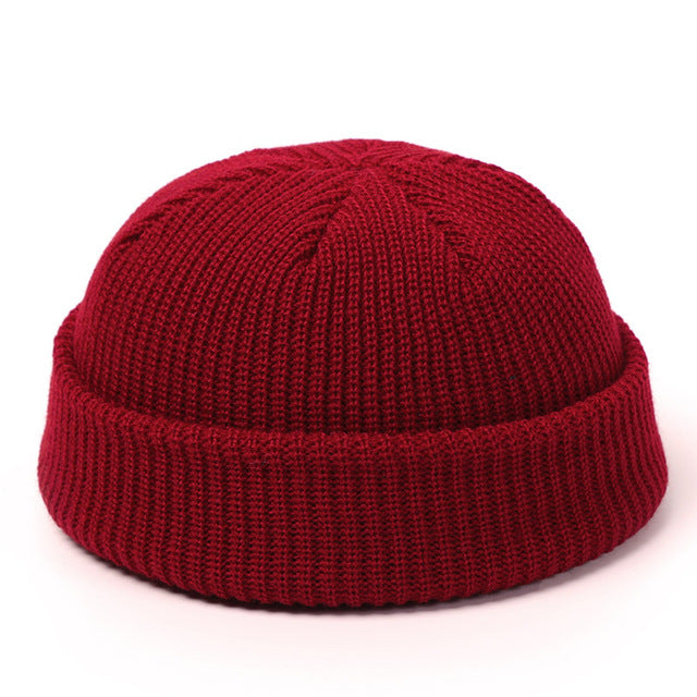 Short ribbed docker beanie with turn-up cuff