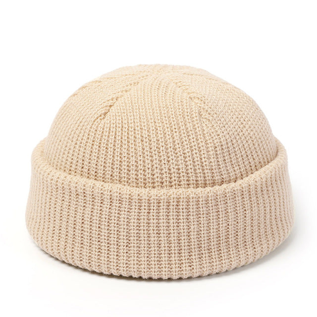 Short ribbed docker beanie with turn-up cuff