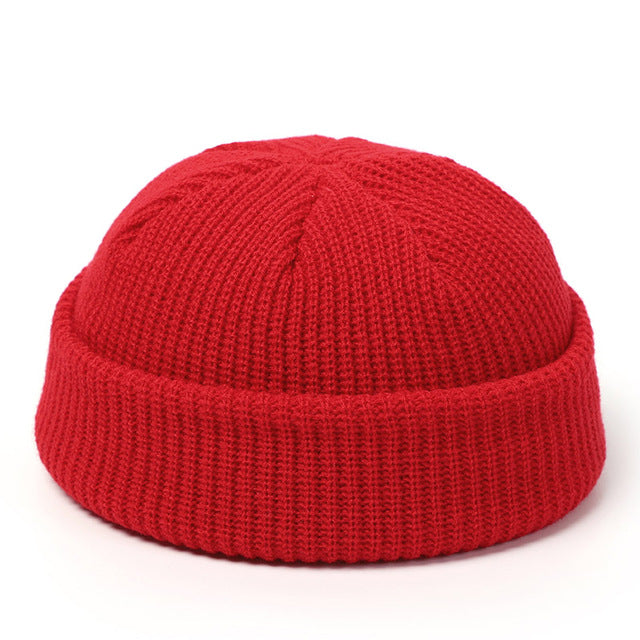 Short ribbed docker beanie with turn-up cuff