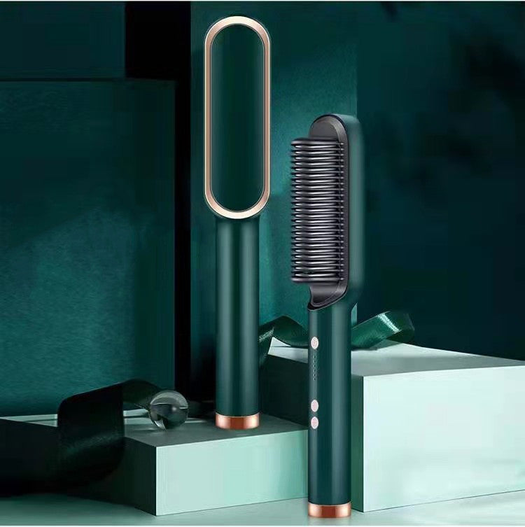 Black heated straightening comb on dressing table