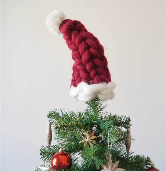 Red chunky knit Christmas hat with white pompom