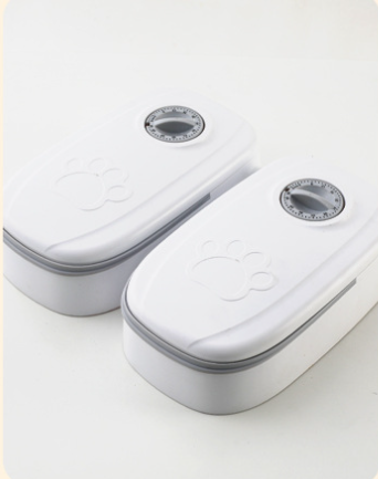 Grey timed pet feeder with dial lid