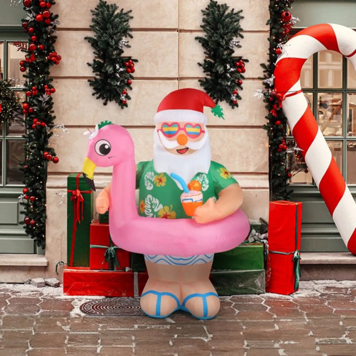 Inflatable Hawaiian Santa on flamingo float