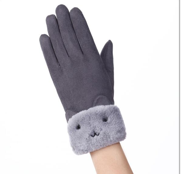 Grey suede look gloves with bear face cuff