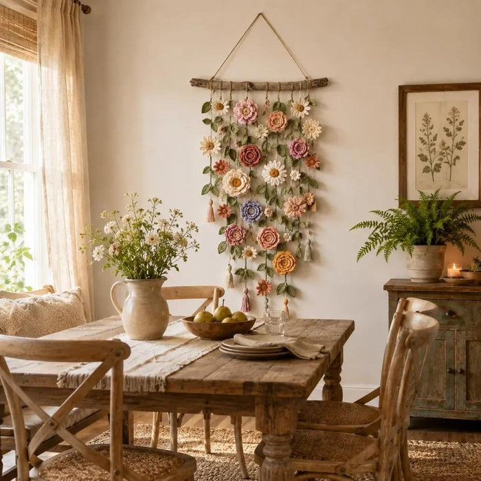 Heat Hollow Boho fabric flower wall hanging on a wooden branch