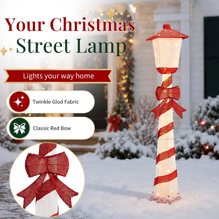 Candy cane striped Christmas lamp post glowing