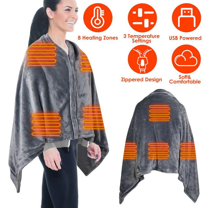 USB heated poncho blanket with zip and three heat settings