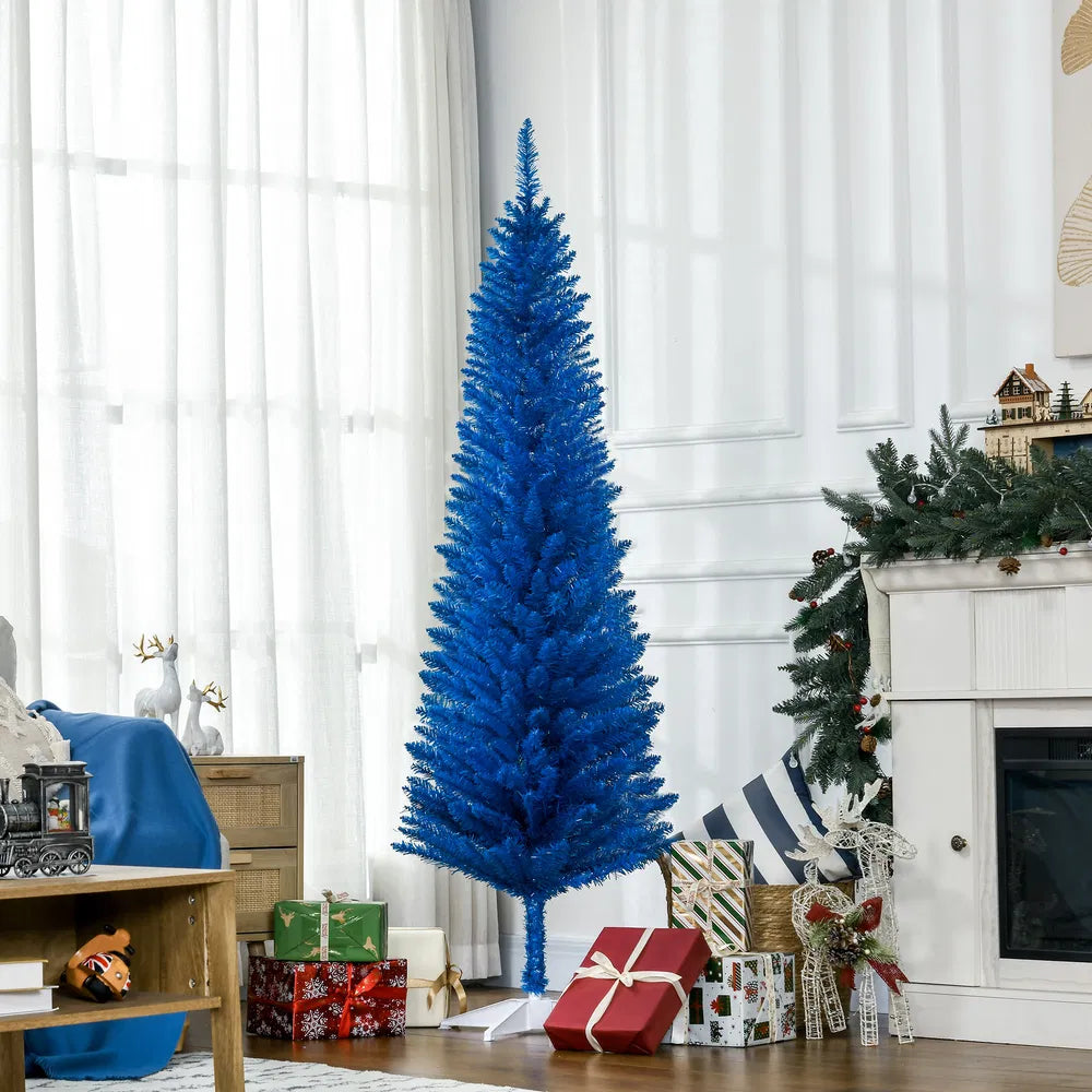 Blue slim pencil Christmas tree, unlit