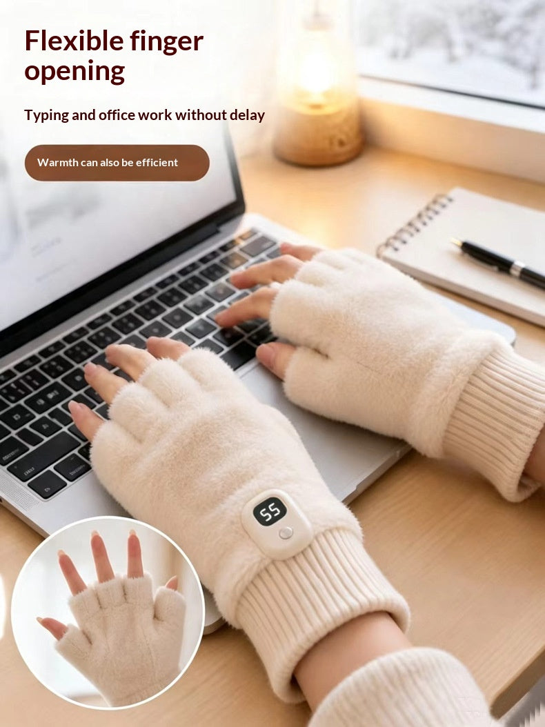 White plush cat paw heated fingerless gloves