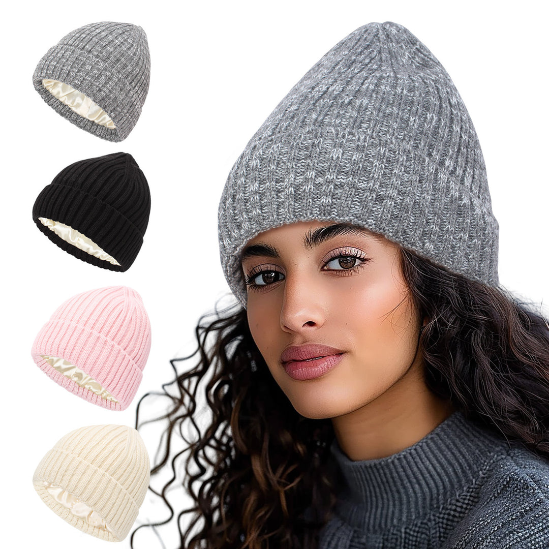 Cream ribbed beanie with satin lining