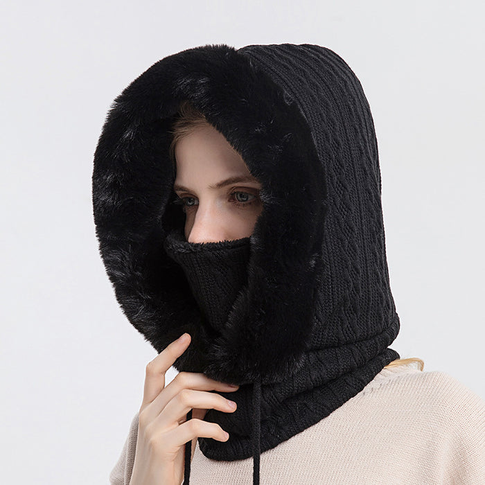 Heat Hollow Thick plush hooded scarf hat for women, windproof and warm