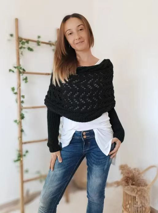 Heat Hollow Knitted Openwork Shawl with Sleeves, Shrug Style