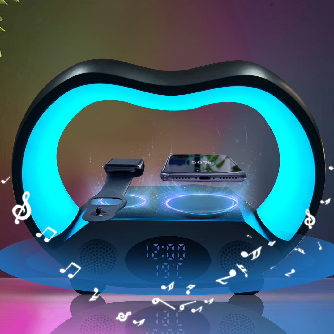 Lamp with speaker charging phone at bedside