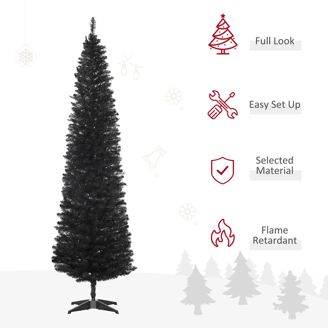 Slim black pencil Christmas tree in corner