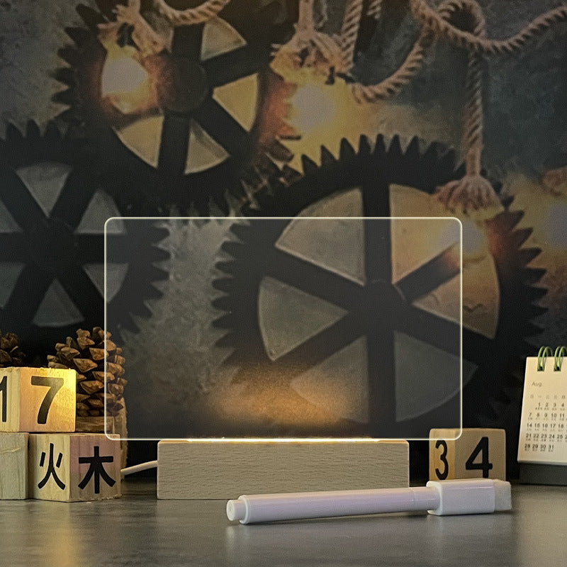 Glowing acrylic message board on wooden base