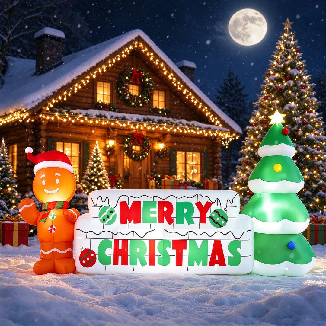 Inflatable Merry Christmas sign with gingerbread man