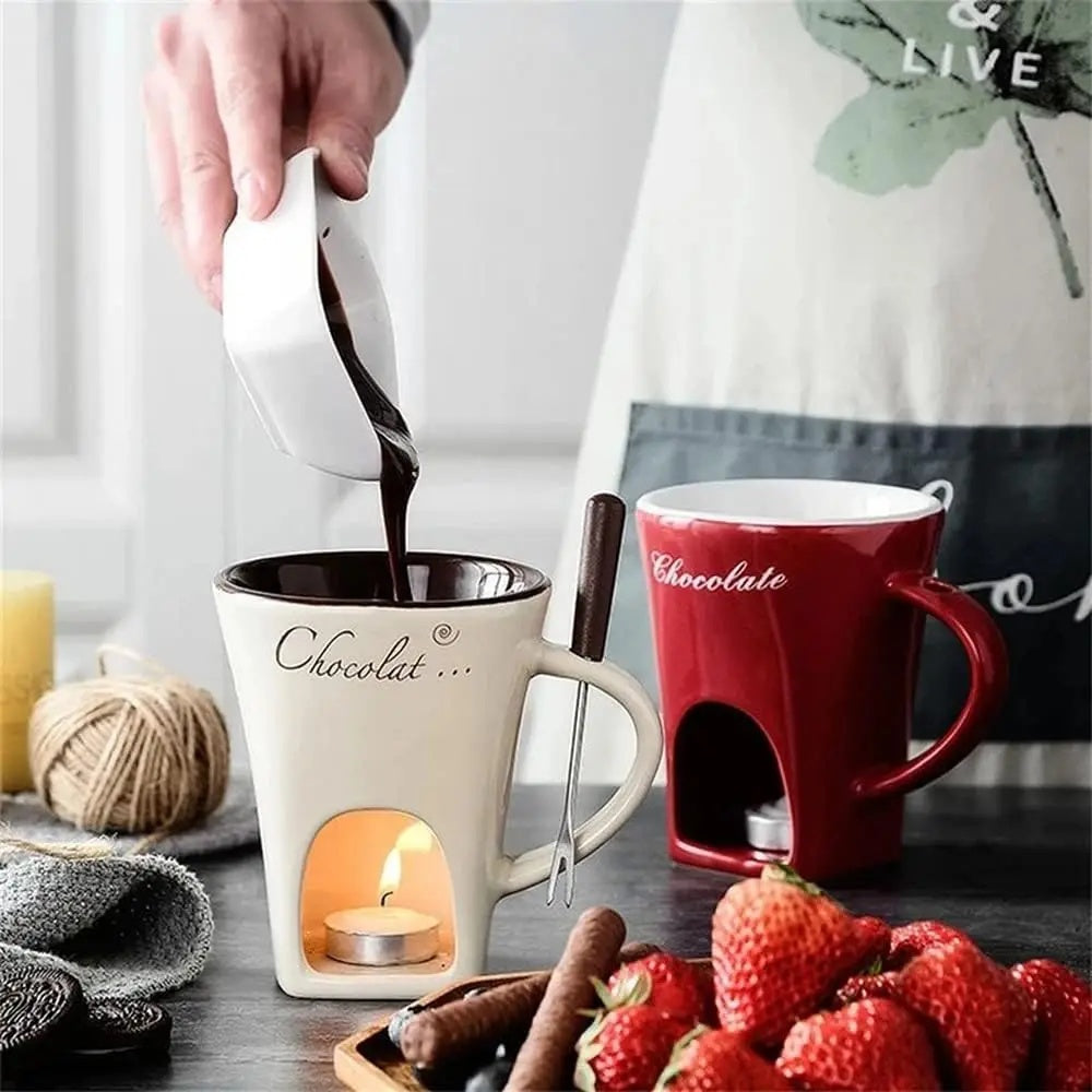 Chocolate fondue mug with fork