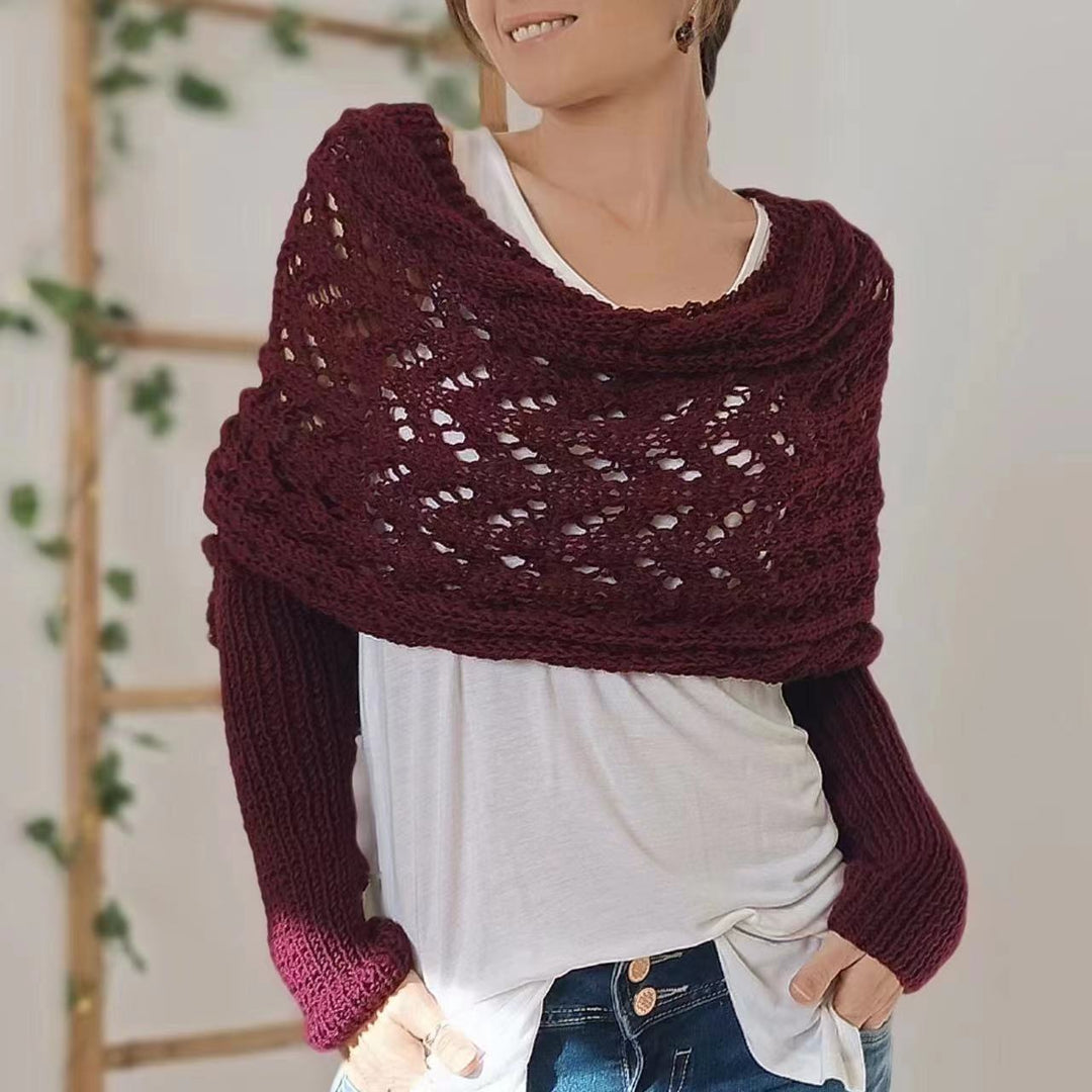 Woman in knitted shrug shawl with sleeves