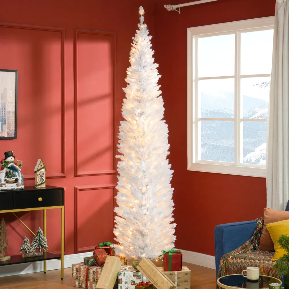 Tall white pencil tree with warm lights